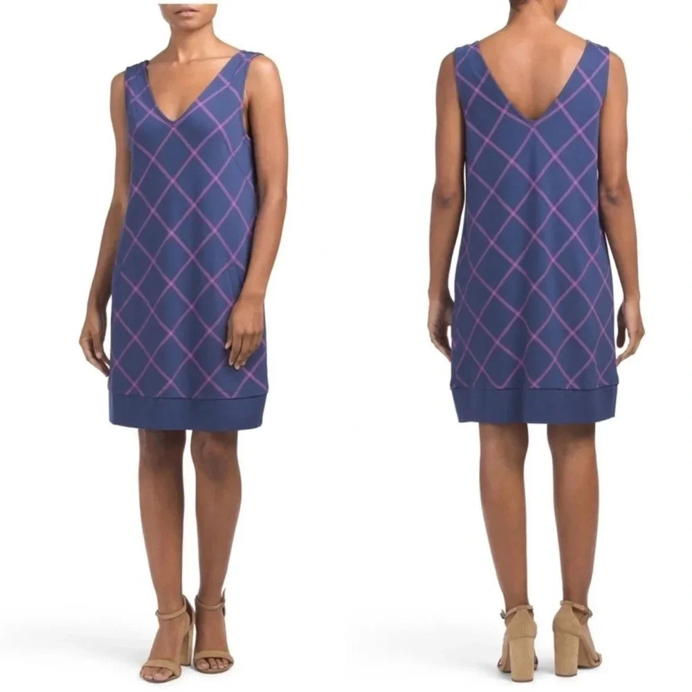 New Southern Tide Emmie Windowpane print Dress Blue night sleeveless v-neck